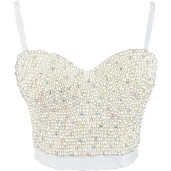 Women White Pearls Beaded Rhinestone Bustier Crop Top Push Up Corset - Picture 7 of 7